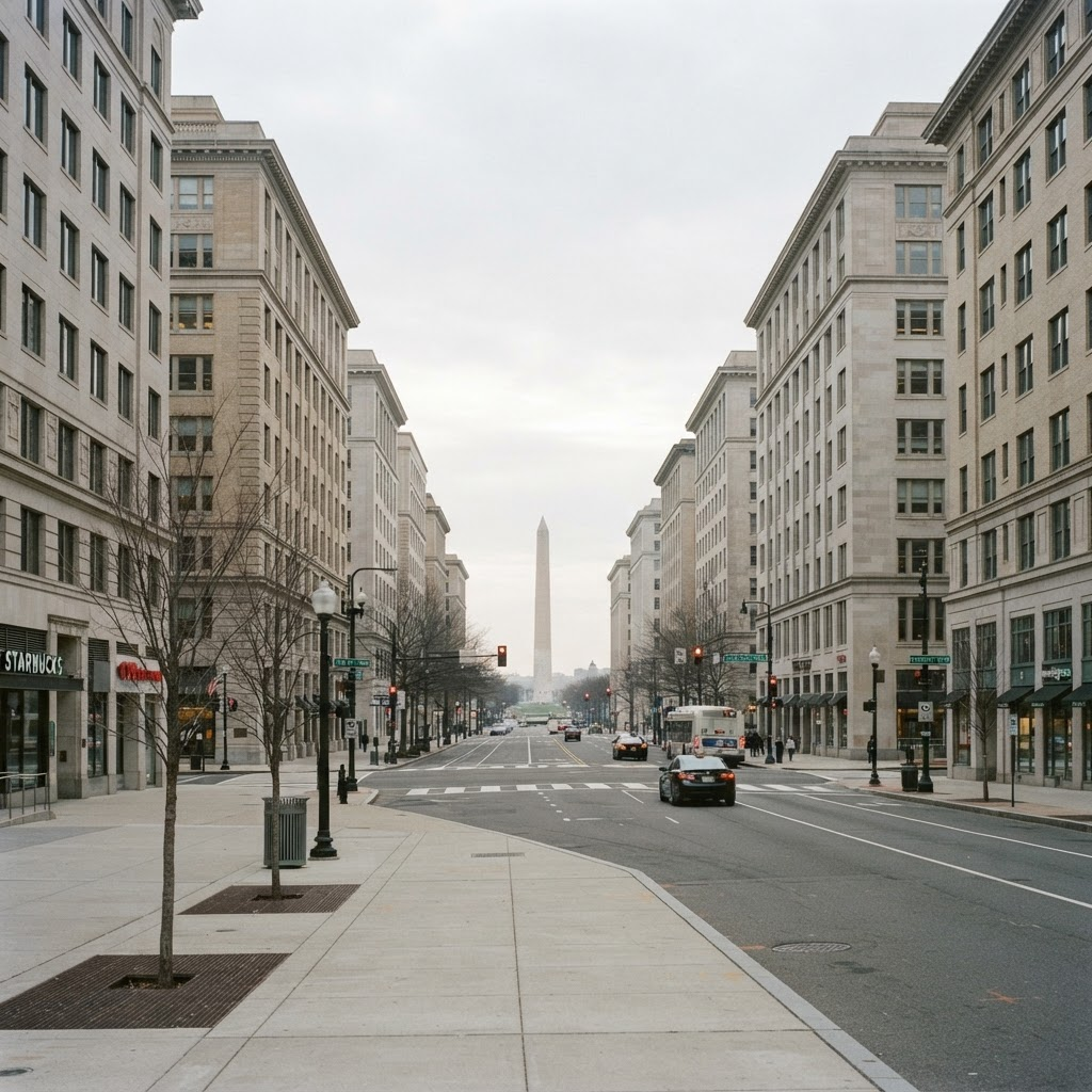 A downtown Washington, DC commercial corridor of uniform limestone office buildings with the Washington Monument visible in the distance