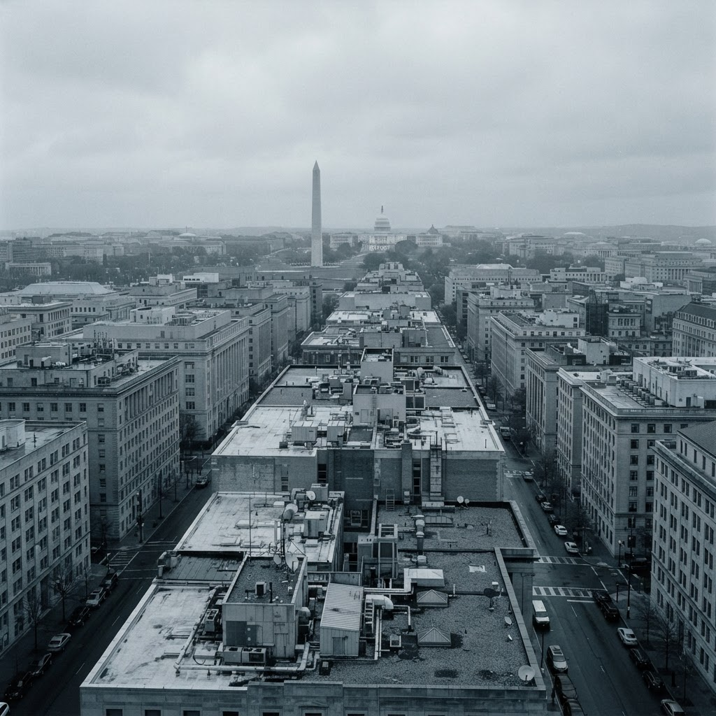 An elevated near-monochrome view across low, uniform downtown Washington, DC rooftops toward the Washington Monument and the US Capitol dome