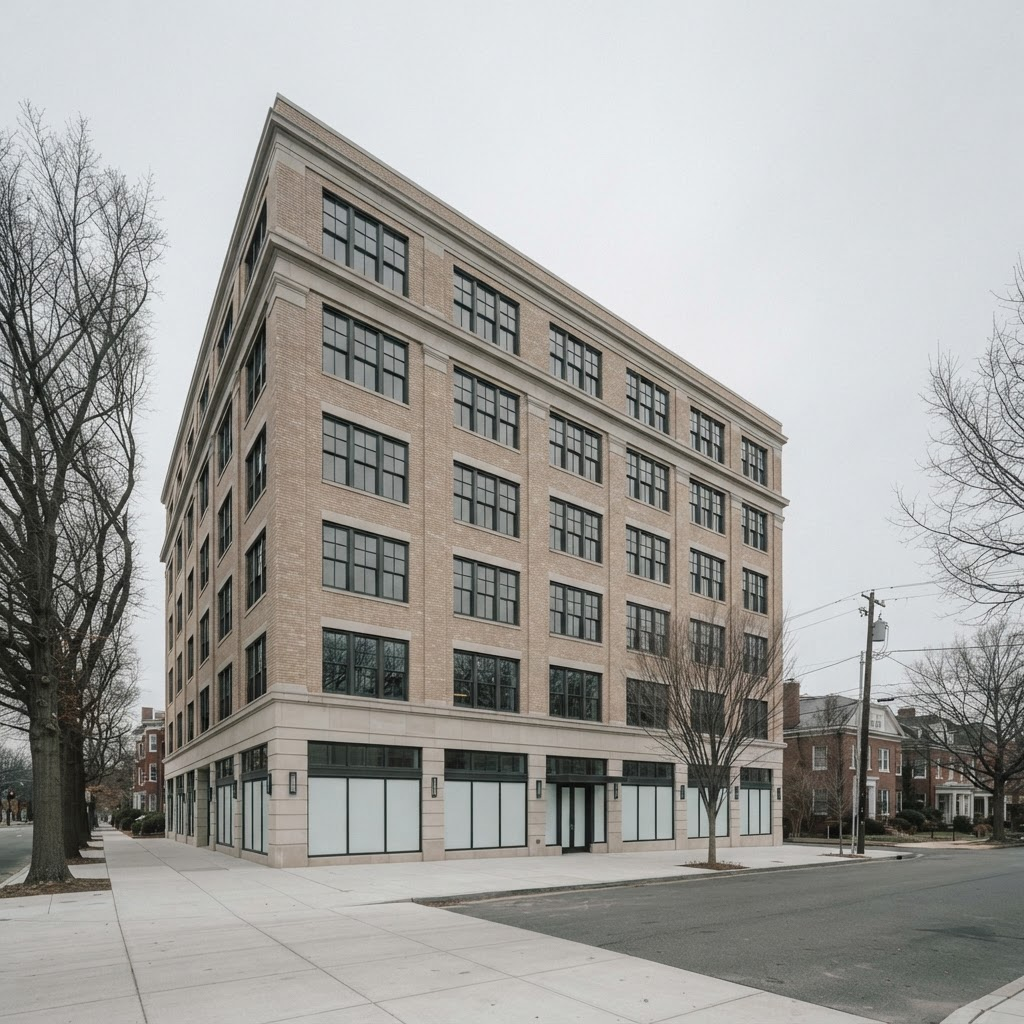 A mid-rise Washington, DC multifamily and mixed-use building in buff brick and limestone under an overcast sky